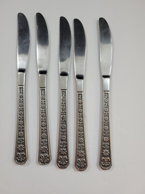 5 Interpur FLORENZ Dinner Knives Stainless 8 Petal Black Textured Korea Flatware