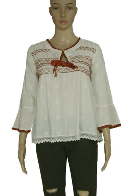 Odd Molly Remix Embroidered Tie Front Crochet Beige Bell Sleeve Blouse Top New S