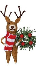Wool Reindeer Christmas Ornament, Deer wtih Scarf and Wreath, Tree Decorations