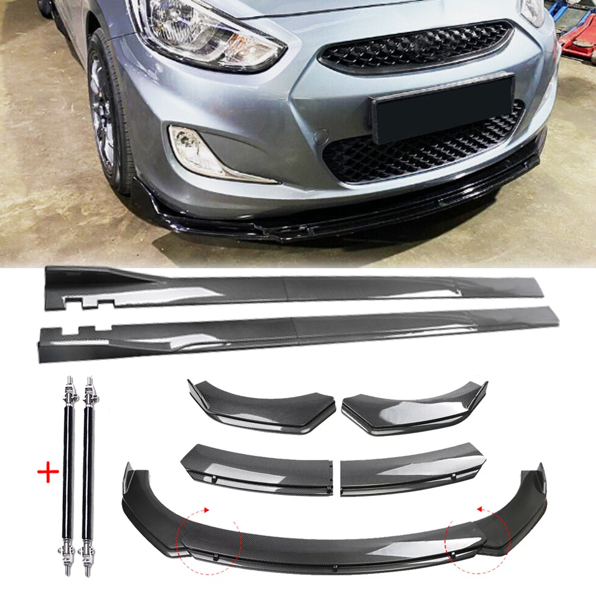 Hyundai Accent Sedan Carbon Fiber Front Lip Bumper Spoiler & Strut Rod  