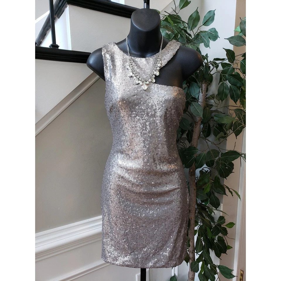 Vestido Symphony Fit & Flare para mujer talla M gris informal lentejuelas cuello redondo sin mangas Foto 2 de 4