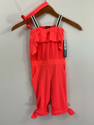 NWT Baby Girl Size 24M Limited Too Capri Jumpsuit & Head Band Set Pants Neon Red