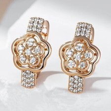 Pretty Flower Huggie Hoop Earring Round Simulated Diamond 14k Rose Gold Plated
