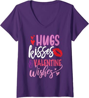 Hugs Kisses Valentine Wishes Valentines Day Present Ladies' V-Neck Tshirt