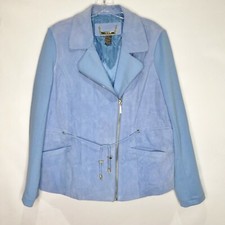 Iman Woman’s Jacket Sz M 100% Blue Suede Leather Moto Motorcycle Draw String Zip