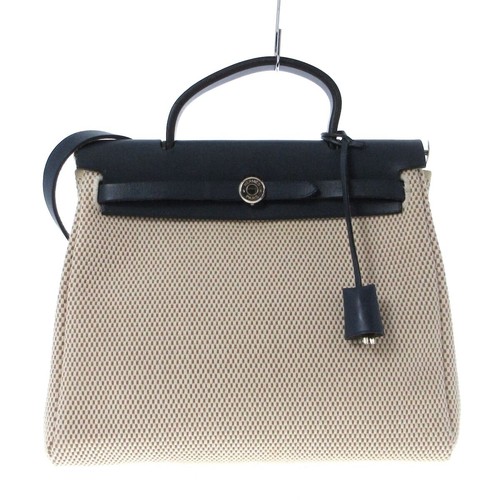 Spa Túi Xách, Giày Dép Authentic Tại HCM. Auth HERMES Herbag PM - Cream Dark Navy Toile GM Box Calf Square G Handbag - Đức An Phát