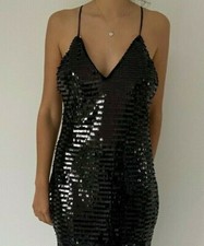 THE SANG Bodycon MINI DRESS Sequin Plunge Back S-M BLACK Nasty Gal