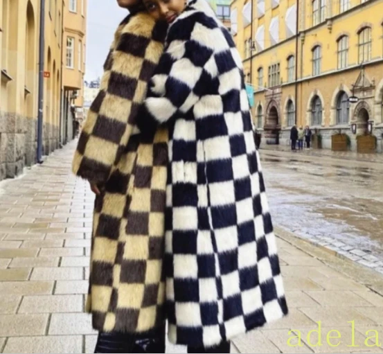 Women Black And White Checkerboard Plaid Faux Fox Fur Overcoat Eco
