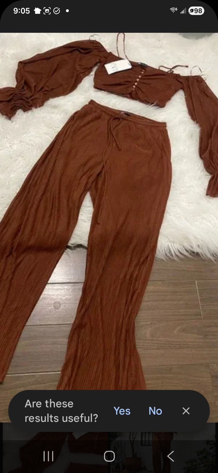 Womens Zara 2pc Brown ribbed Off-Shoulder Crop Top & Wide Leg Pants Lounge Set thumbnail 4