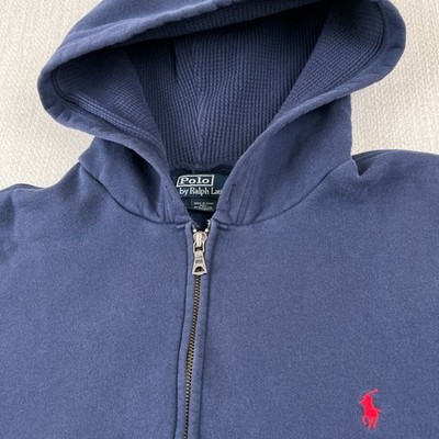 Polo Ralph Lauren Full Zip Hoodie Mens Large Blue Normcore Waffle Hood Lining
