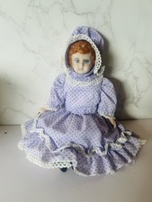 Vintage Porcelain China Head Doll Victorian Style Blue Floral Dress Bonnet