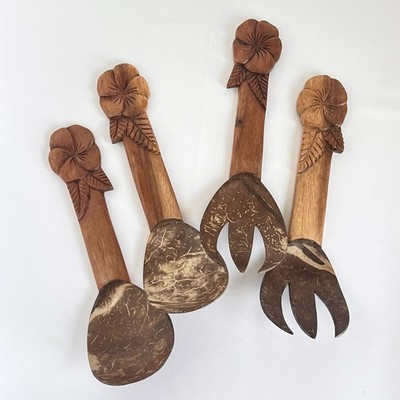 Coconut Shell 2 Fork 2 Spoon Wood Handles Hand Carved Hibiscus Tiki Luau Party