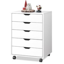 5-Drawer Chest, Wood Storage File Cabinet with Wheels, White