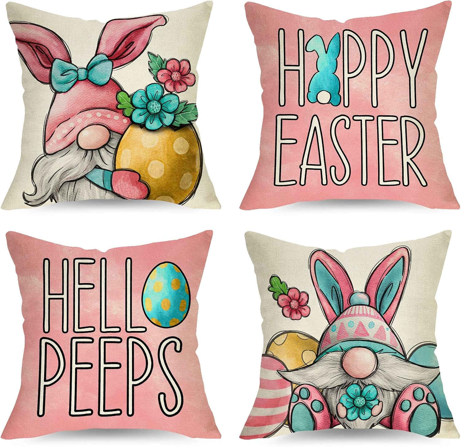 Happy Easter Bunny Gnome Decorative Throw Pillow Covers 18 X 18 Set of 4, Hello