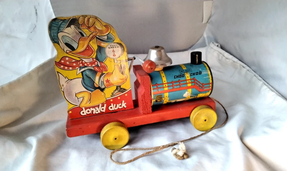 Juguete de madera Fisher Price Donald Duck #450 Choo Choo vintage circa 1940 FUNCIONA Foto 3 de 4