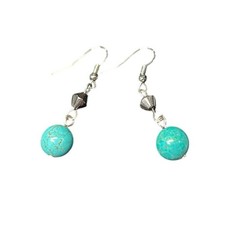 Faux Turquoise Bead Dangle Earrings Smoky Bicone Bead Silver Tone Shepherd Hook