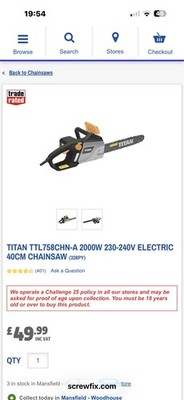 Titan kabelgebundene Elektro Kettensäge TTL758CHN 2000W 230V 40cm Stab 14,5m/sec Geschwindigkeit