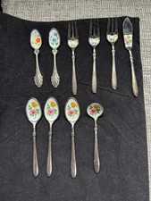 Set of 10 piece Souvenir/Miniature Utensils with Inlay Enamel Floral Design