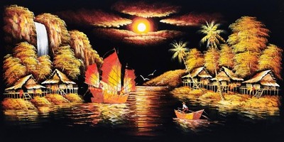Oriental Landscape#B6C-4, 24x48-Hand Painted Oil Painting on Black Velvet Canvas