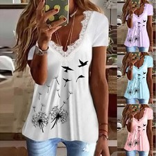 Womens Lace V-Neck T Shirts Tee Summer Ladies Casual Short Sleeve Blouse Tops