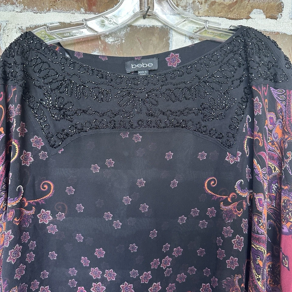 De Colección Bebe 100% Seda Top Grande M/L Manga Kimono Cuentas Acento Rojo Negro Y2K Foto 4 de 4