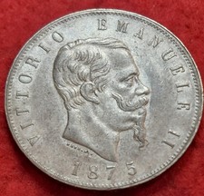 HIGH GRADE ITALY 1875 5 LIRE SILVER CROWN VERY GOOD DETAIL RARE THUS KM# 8.3