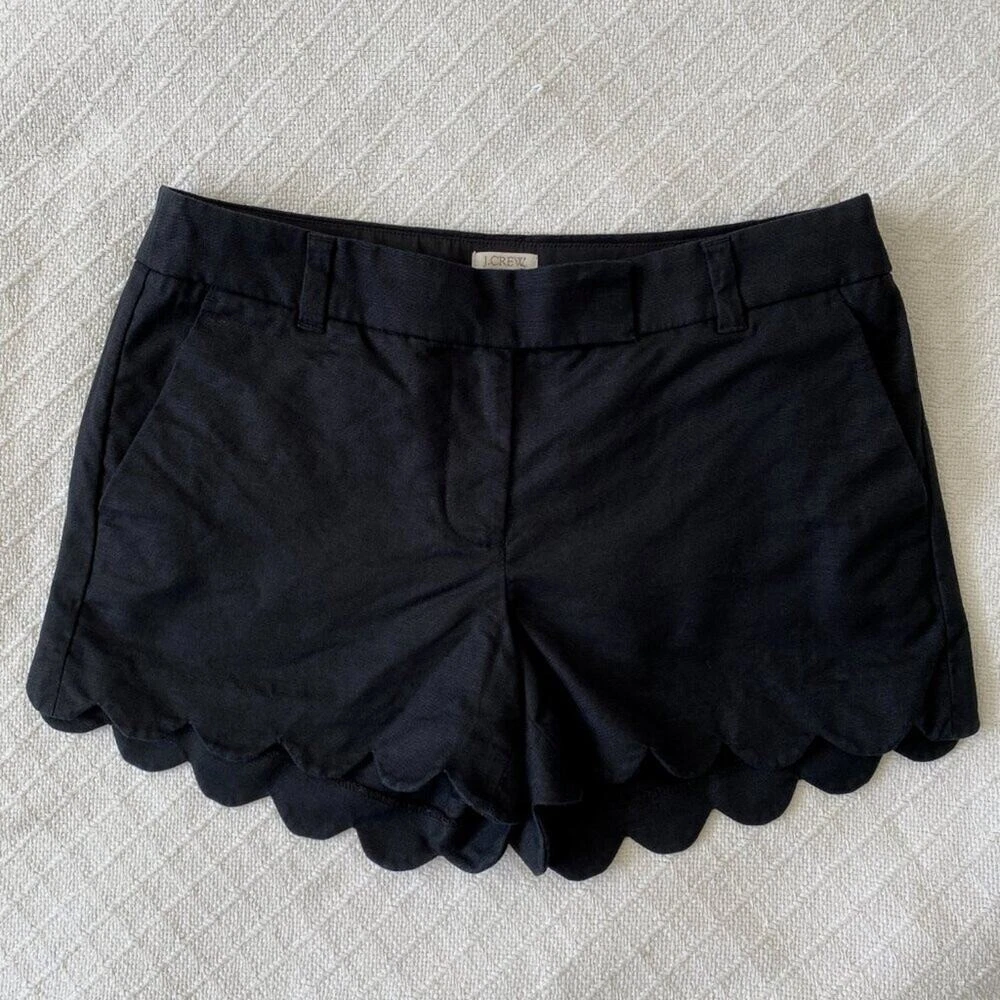 J. Crew Linen Cotton Scalloped Hem Shorts Mid-Rise Black Resort Preppy Women's 6