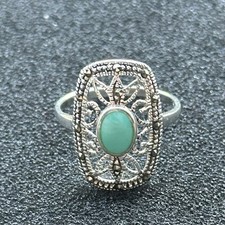 925 Sterling Silver Ring Size Q 1/2 Blue Green Inlay Cutout Design
