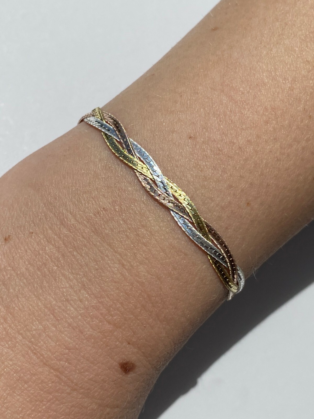 925 Silver TriColor Yellow Rose Gold Plated Twisted Braided Herringbone