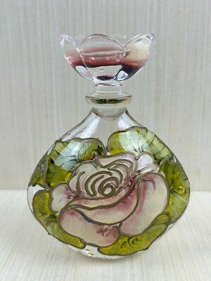 Perfume Bottle Hand painted Pretty Green Pink Floral Design Glass