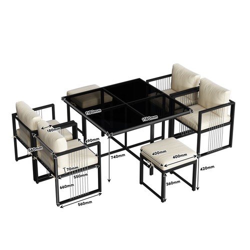 7-teiliges Esstisch Stuhlset Gartenmöbel Set Outdoor Sitzgruppe für 6 Personen - Bild 4 von 10