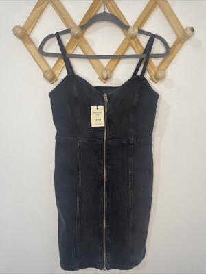 river island black denim dress River Island long sleeve button front denim midi dress in black