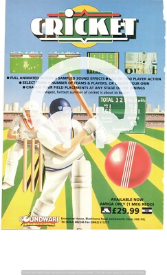 (-0-) ARCADE SPIEL SELTENE SOUNDWARE CRICKET ATARI AMIGA ORIGINAL 30cm x 21cm