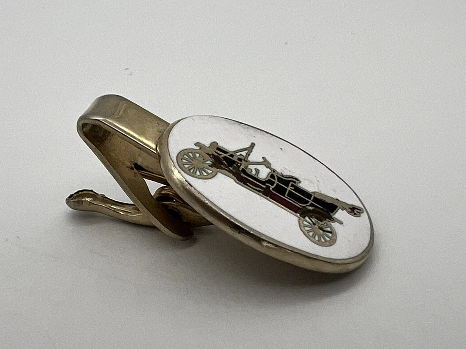 复古金色白色珐琅古董马车领带夹 — 第 2/4 张图片