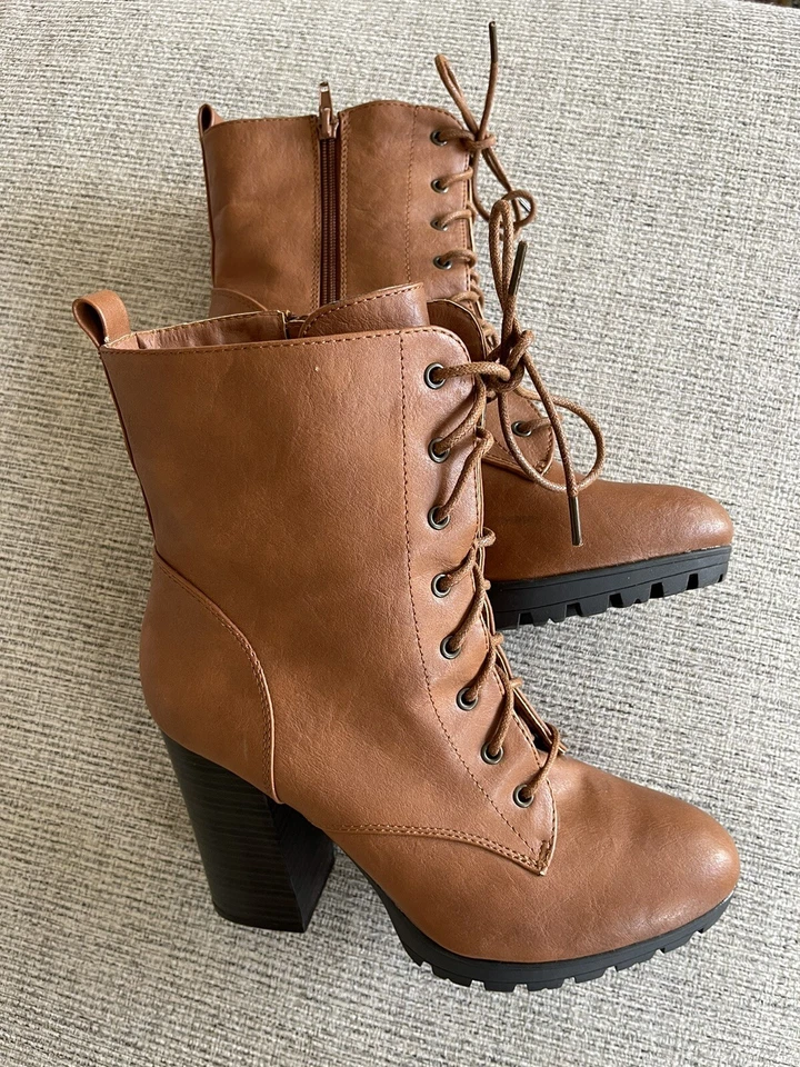 Sexy Botas Charlotte Russe Para Mujer con Cordones/Cremallera Tacón Grueso - Marrón Tostado Talla 9 Foto 3 de 4