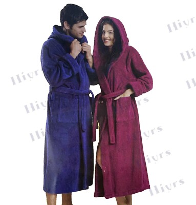 100% Cotton Terry Towel Hood Unisex Bath Robe Dressing Gown Soft Cozy Toweling