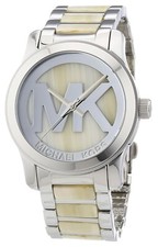 NEW MICHAEL KORS RUNWAY HORN,ALABASTER+SILVER TONE MIDSIZED LOGO WATCH MK5787
