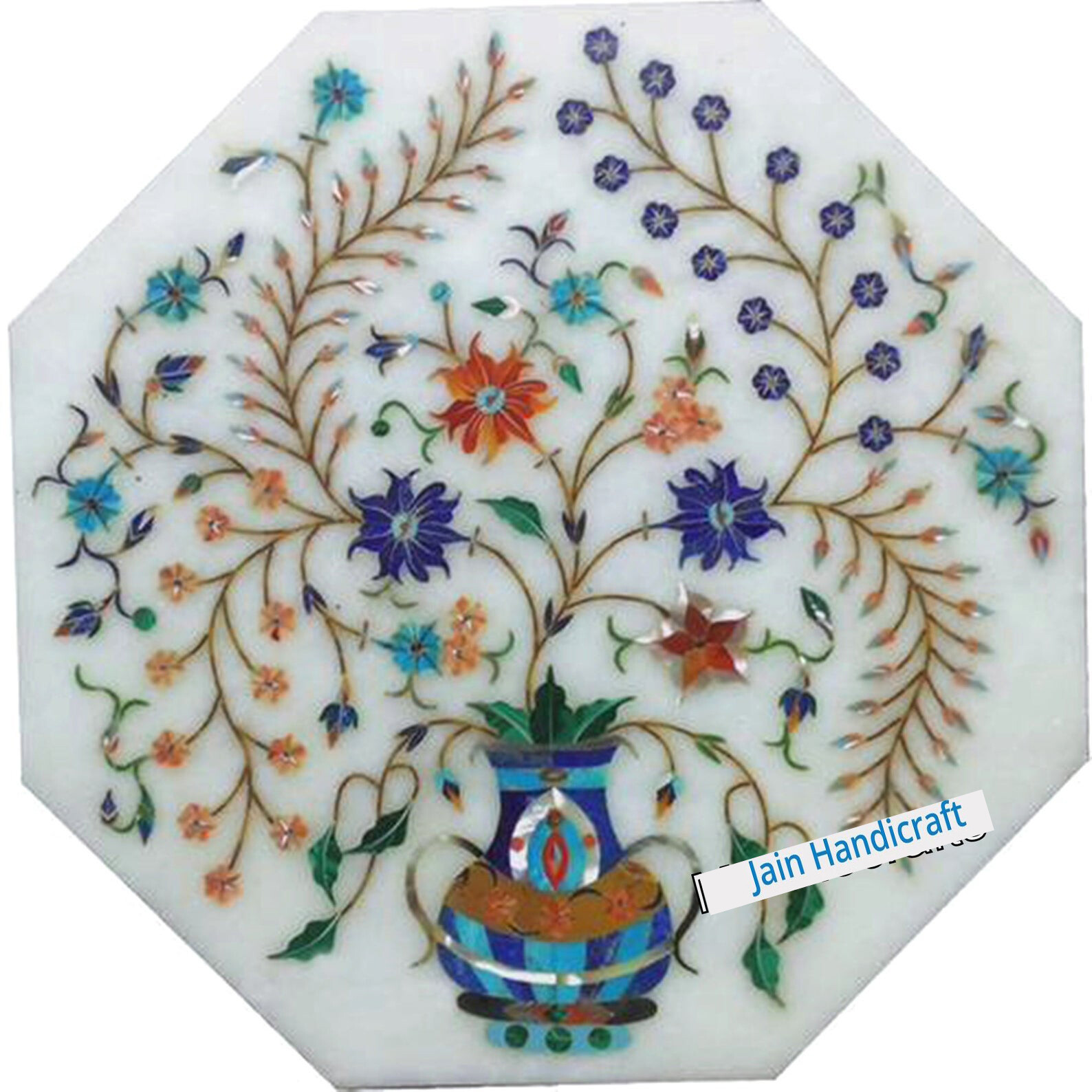 12-inch Marble Coffee Table with Malachite and Lapis Mosaic Inlay Antique Design-image