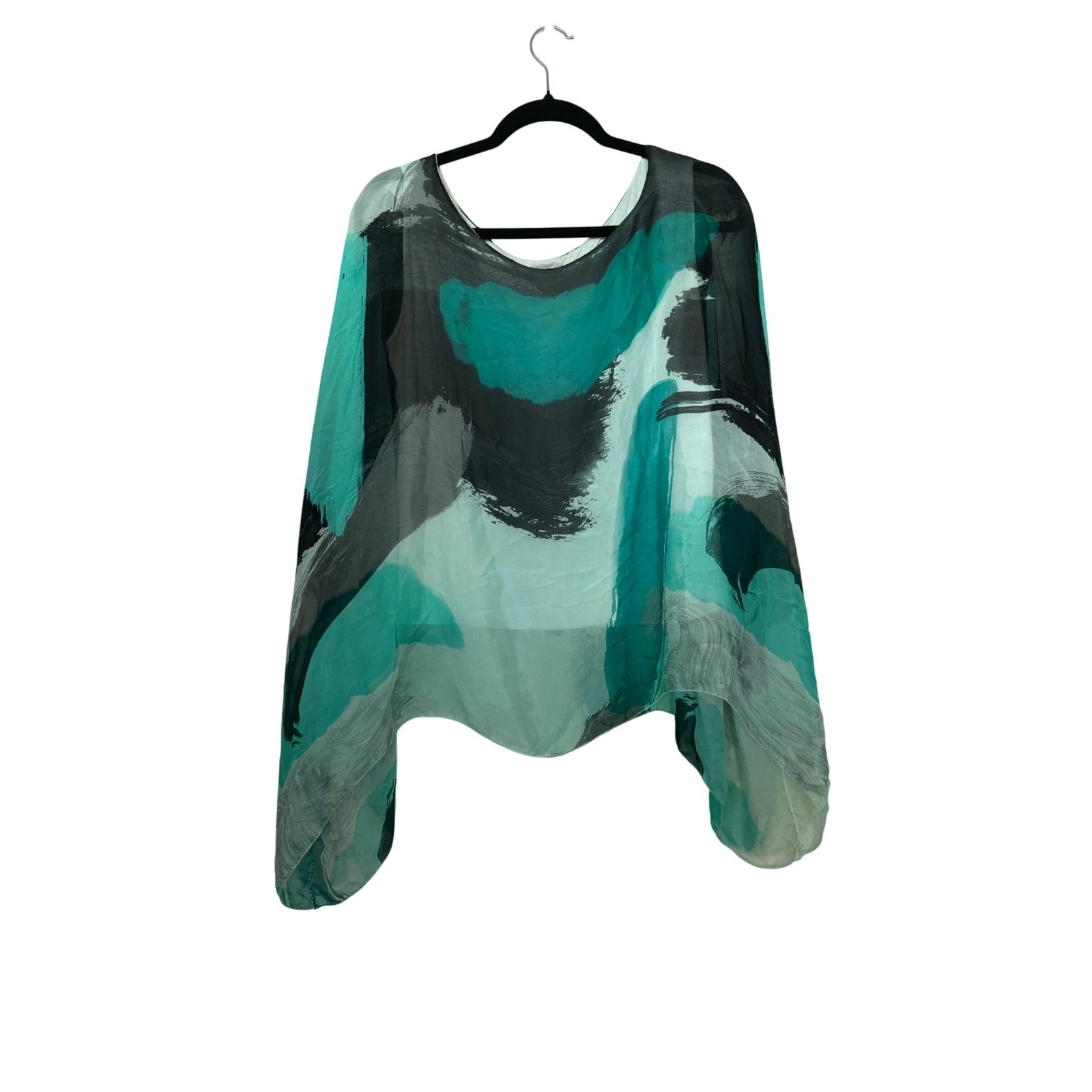 Gabriella Made in Italy Silk Blend Poncho Top Abstract Teal Blk Casual Oversized