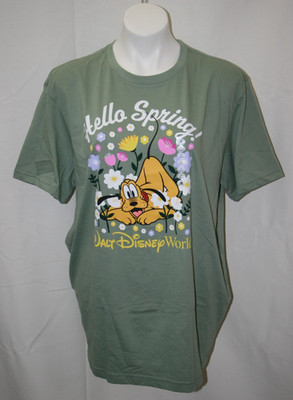 Walt Disney World Hello Spring Pluto Dog Green Graphic Print Shirt Size L NEW