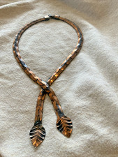  Copper Leaf Necklace Artisan Choker 3/8" Wide C-Link Chain Crossed 16" Vintage 