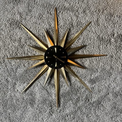 Vtg Welby Atomic Starburst Sunburst Wall Clock 34  Gold Mid Century Modern MCM