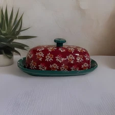 The Pioneer Woman Fall Flowers Butter Dish Burgundy Teal Green Polka Dots
