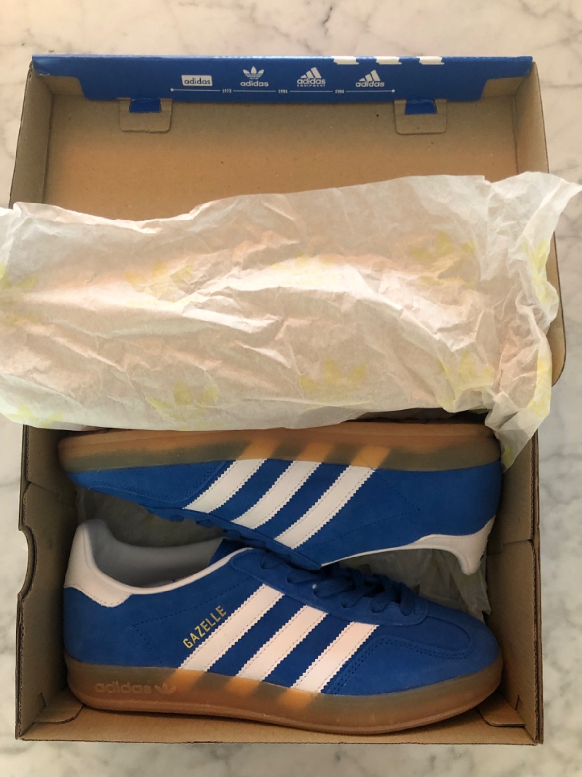 Size 7 – Adidas Gazelle Blue Bird/Cloud White/Gum Size 7 – Adidas Gazelle Blue Bird/Cloud White/Gum