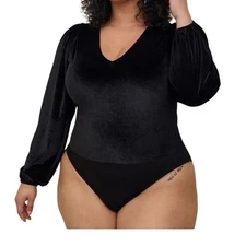 Torrid Womens 2X 18/20 Black Velvet Velour Bodysuit LS Top Holiday Goth V Neck