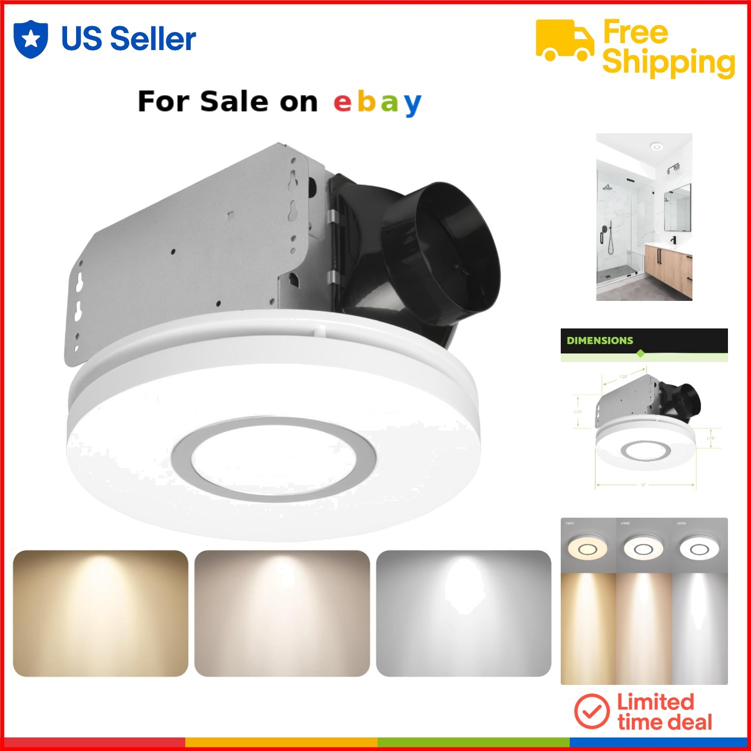 Dimmable Color-Changing LED Bathroom Exhaust Fan 80 CFM Quiet Operation