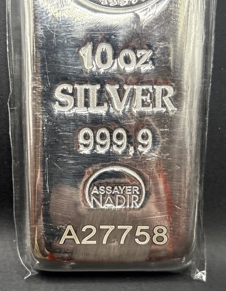 Barra de plata de 10 onzas - Refinería de metal Nadir - 999,9 fina - Certificado presente Foto 2 de 3