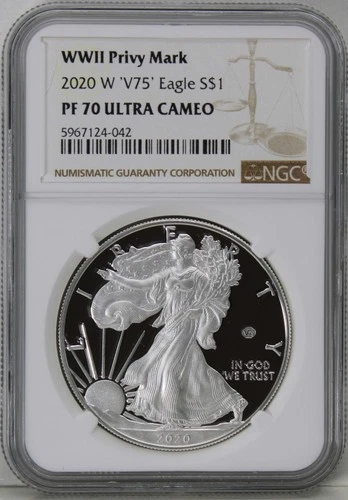 2020 W End of WWII V75 Privy Mark American Silver Eagle NGC PF70 UC Brown Label