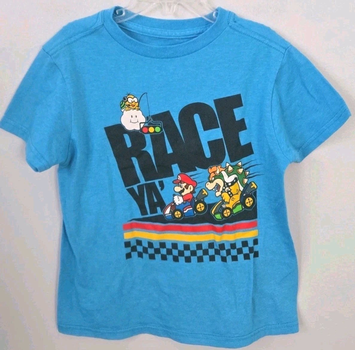 Mario Kart Race Ya! Nintendo Kids T-Shirt XS Blue Mario Bowser Graphic Tee
