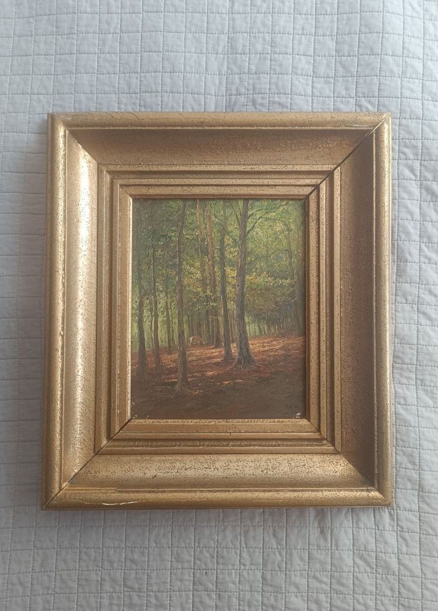 Ölgemälde Hirsch im Wald, signiert „Bro“, Öl auf Holzplatte, antik, gerahmt